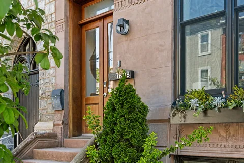 a couple of potted plants in front of door