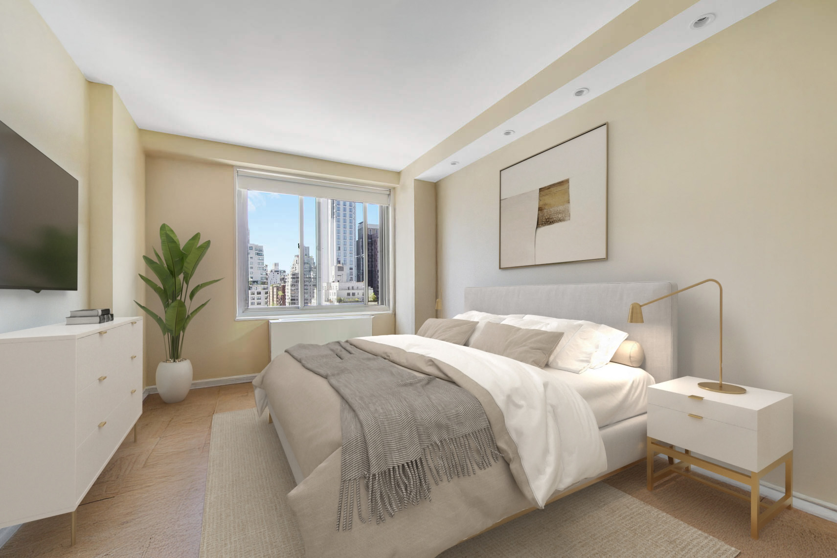 300 East 74th Street, Unit 14F Manhattan, NY 10021 - Photo 10 of 13 a bedroom with a large bed and a flat screen tv