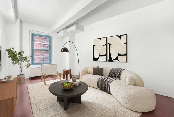 a living room with furniture and a potted plant