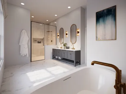 a spacious bathroom with a tub sink and mirror
