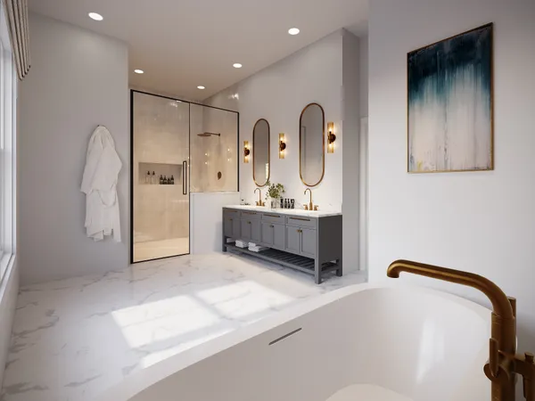 a spacious bathroom with a tub sink and mirror