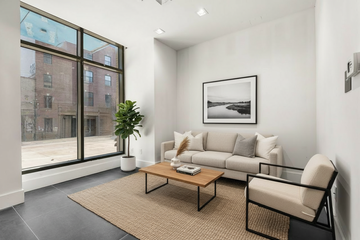 1333 Broadway, Unit 1205 Brooklyn, NY 11221 - Photo 13 of 15 a living room with furniture a glass door and a glass door