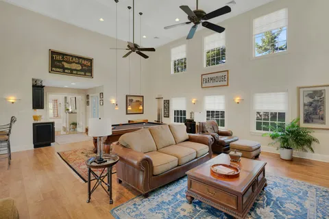 a living room with a table and a table