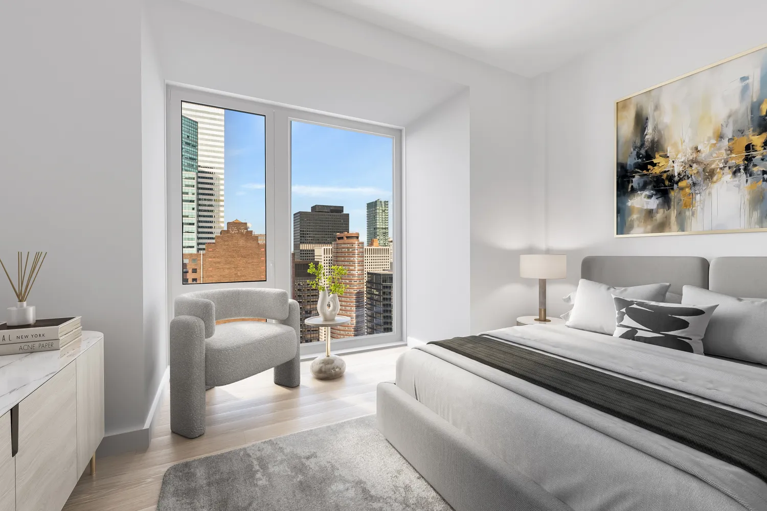 a bedroom with a large bed and a couch