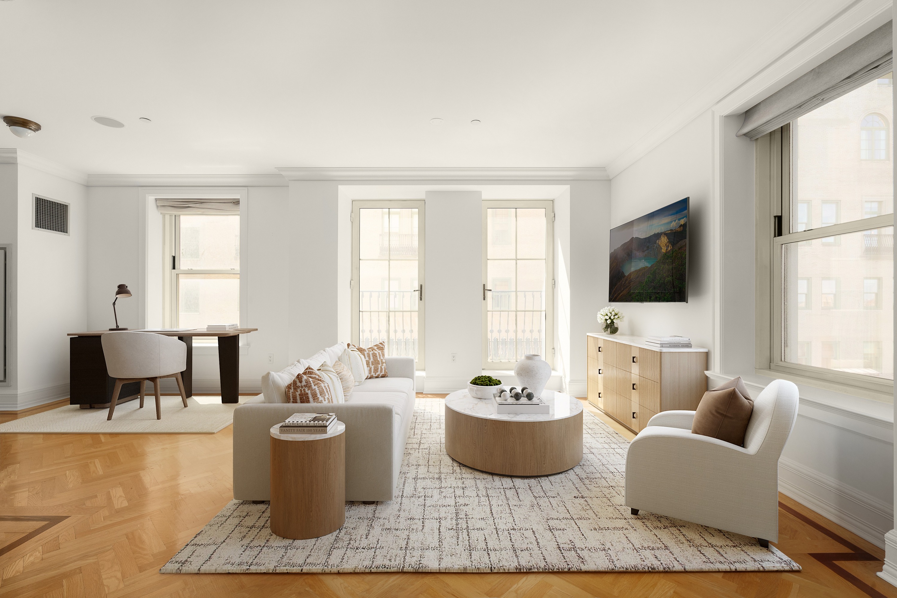 1 Central Park South, Unit 1804 Manhattan, NY 10019 - Photo 3 of 24 a living room with furniture a flat screen tv and a window