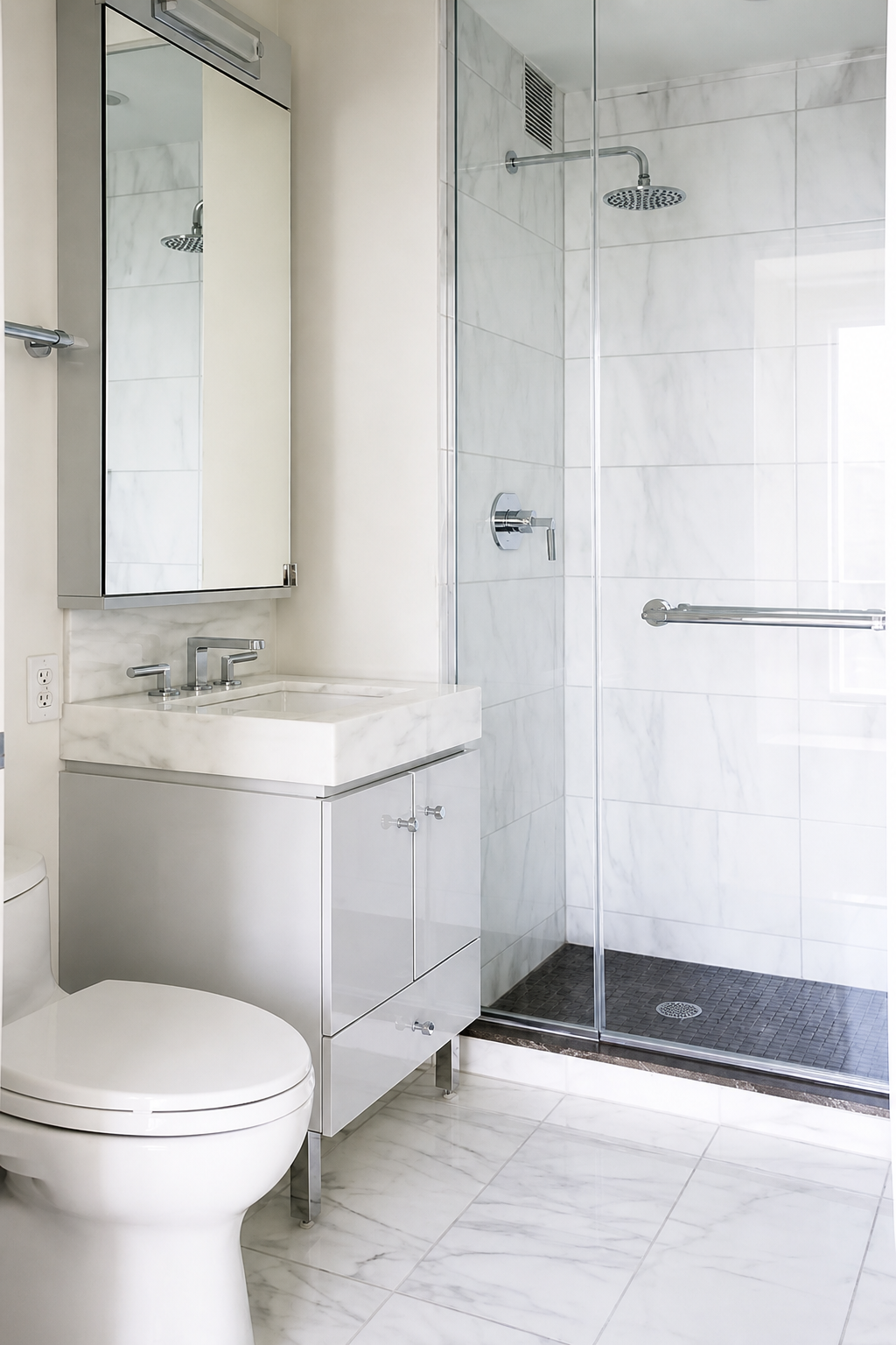 460 West 42nd Street, Unit 51H Manhattan, NY 10036 - Photo 5 of 14 a bathroom with a sink a toilet and shower