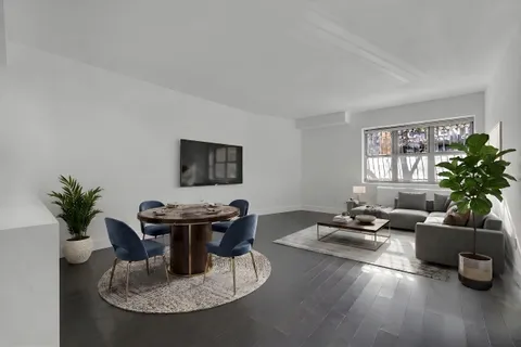 a living room with furniture potted plant and a window
