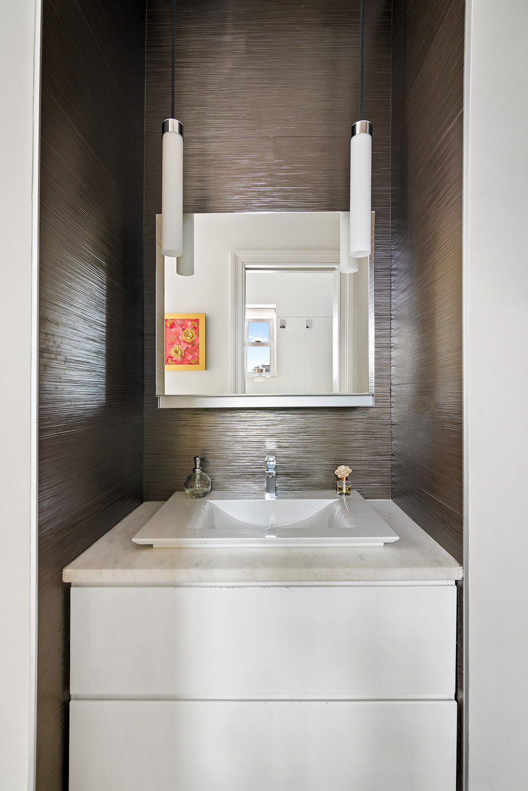 77 Perry Street, Unit 6CD Manhattan, NY 10014 - Photo 12 of 16 a bathroom with a sink vanity and a mirror