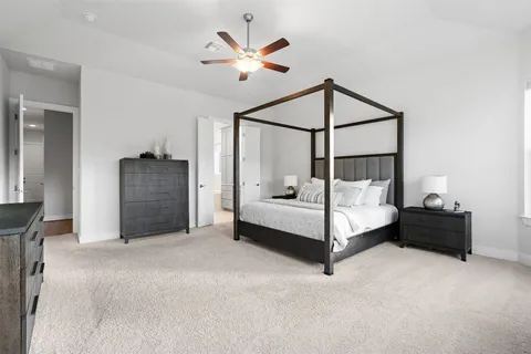 a bedroom with a bed and a ceiling fan