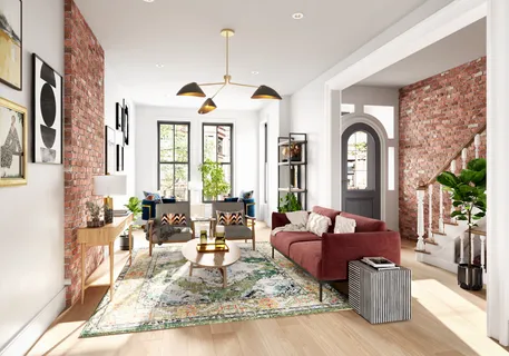 a living room with furniture fireplace and large windows