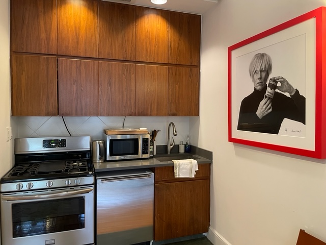 128 East 62nd Street, Unit 4F Manhattan, NY 10065 - Photo 5 of 9 a kitchen with stainless steel appliances granite countertop a stove and a microwave