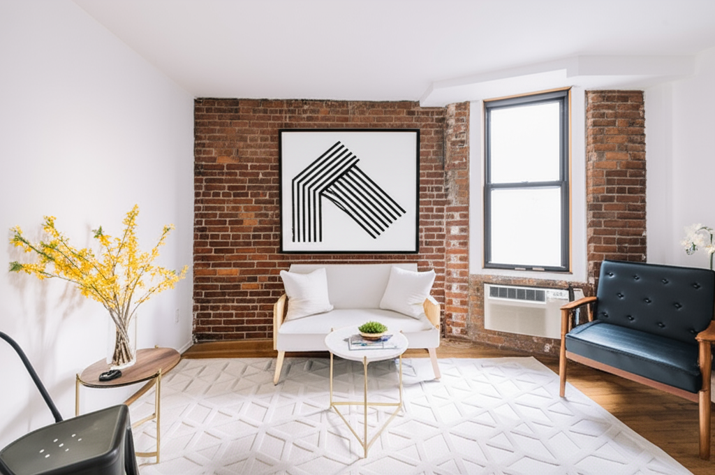 a living room with a couch and a potted plant