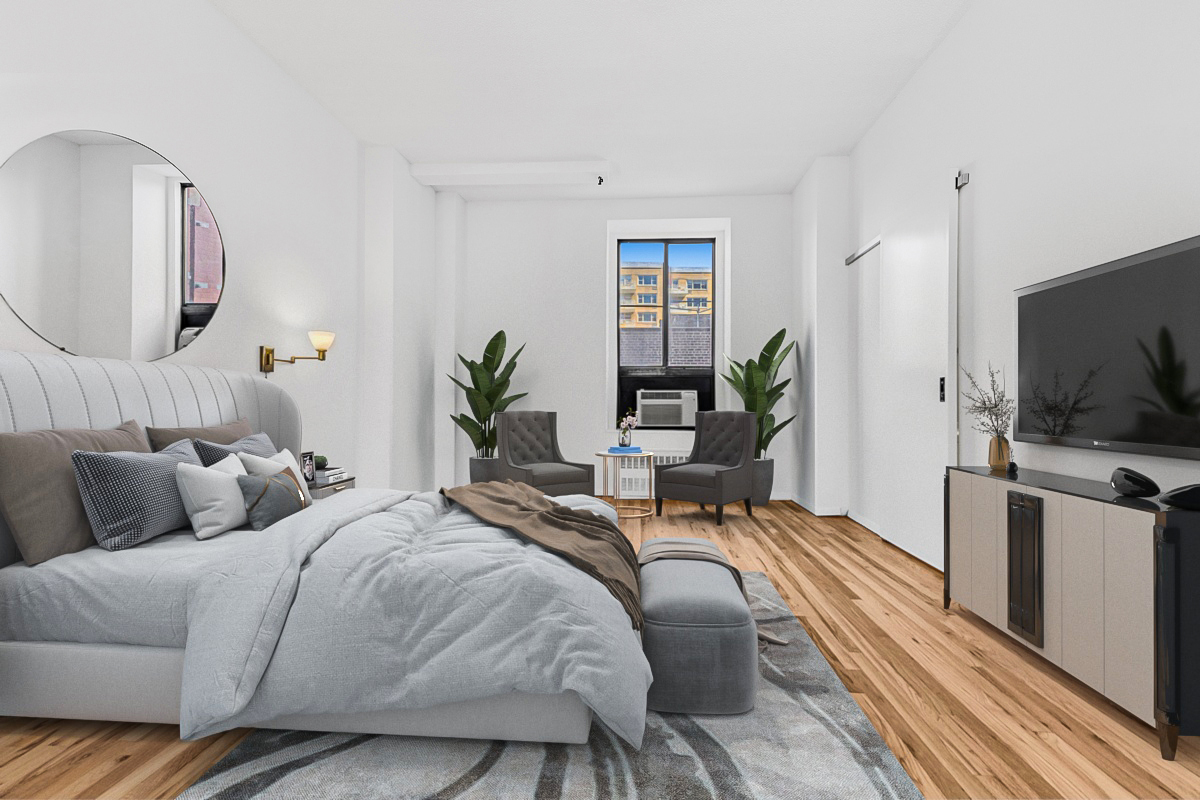 303 Mercer Street, Unit A601 Manhattan, NY 10003 - Photo 11 of 19 a spacious bedroom with a bed a couch and flat screen tv