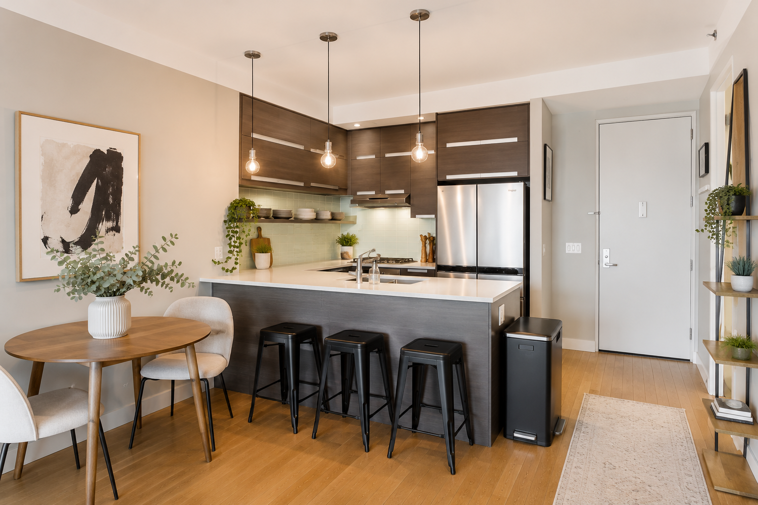 545 Washington Avenue, Unit 508 Brooklyn, NY 11238 - Photo 6 of 16 a kitchen with stainless steel appliances granite countertop a kitchen island a stove a dining table and chairs with wooden floor