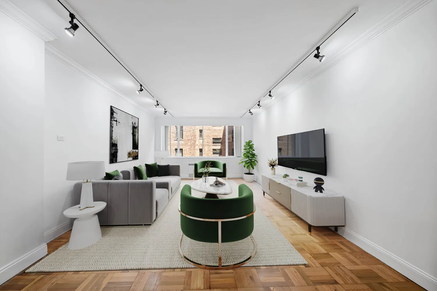 a living room with furniture a flat screen tv a rug and a window