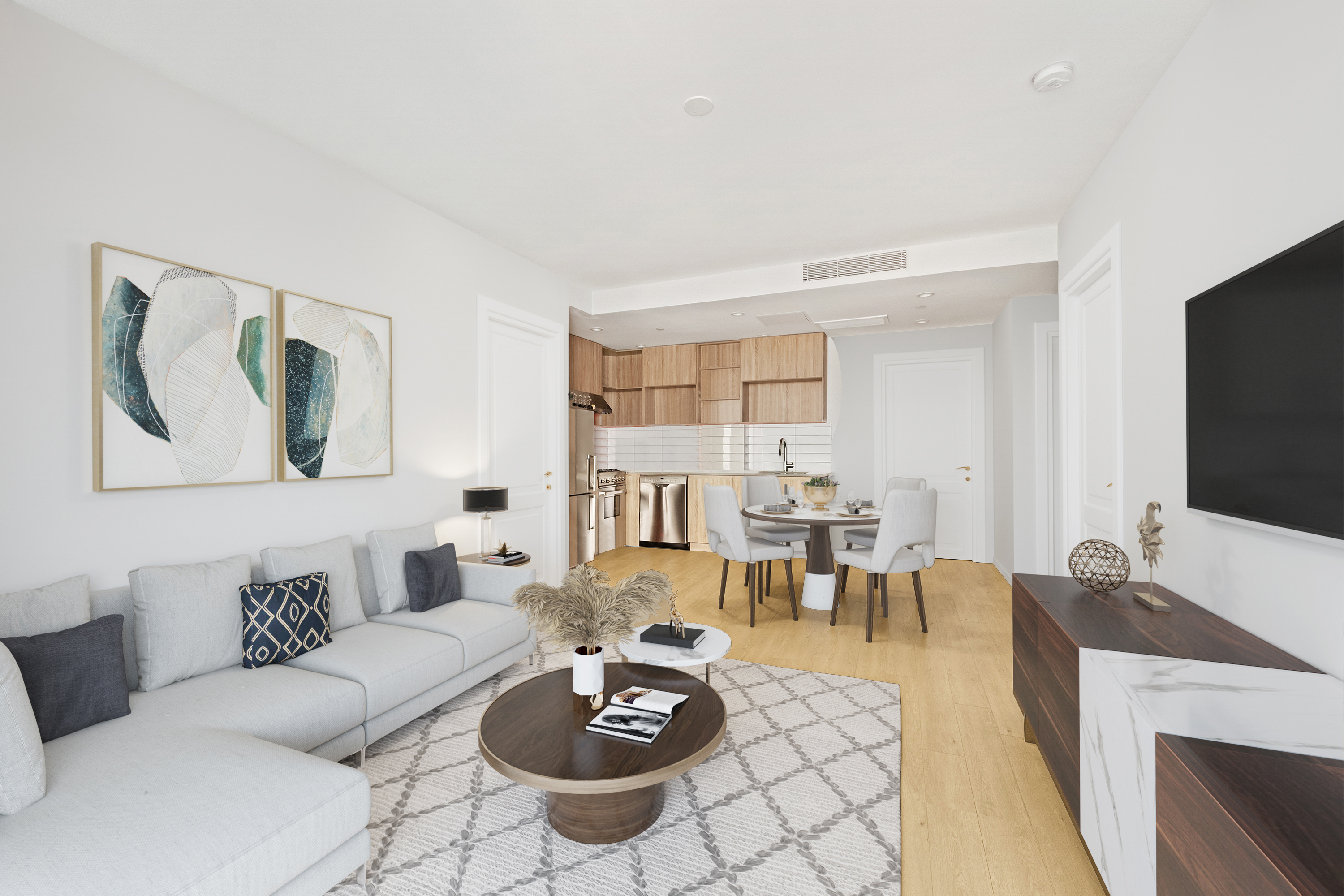 14-33 31st Avenue, Unit H5 Queens, NY 11106 - Photo 2 of 10 a living room with furniture a dining table and a flat screen tv