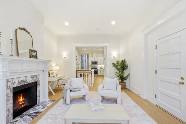 a living room with furniture a fireplace and potted plants