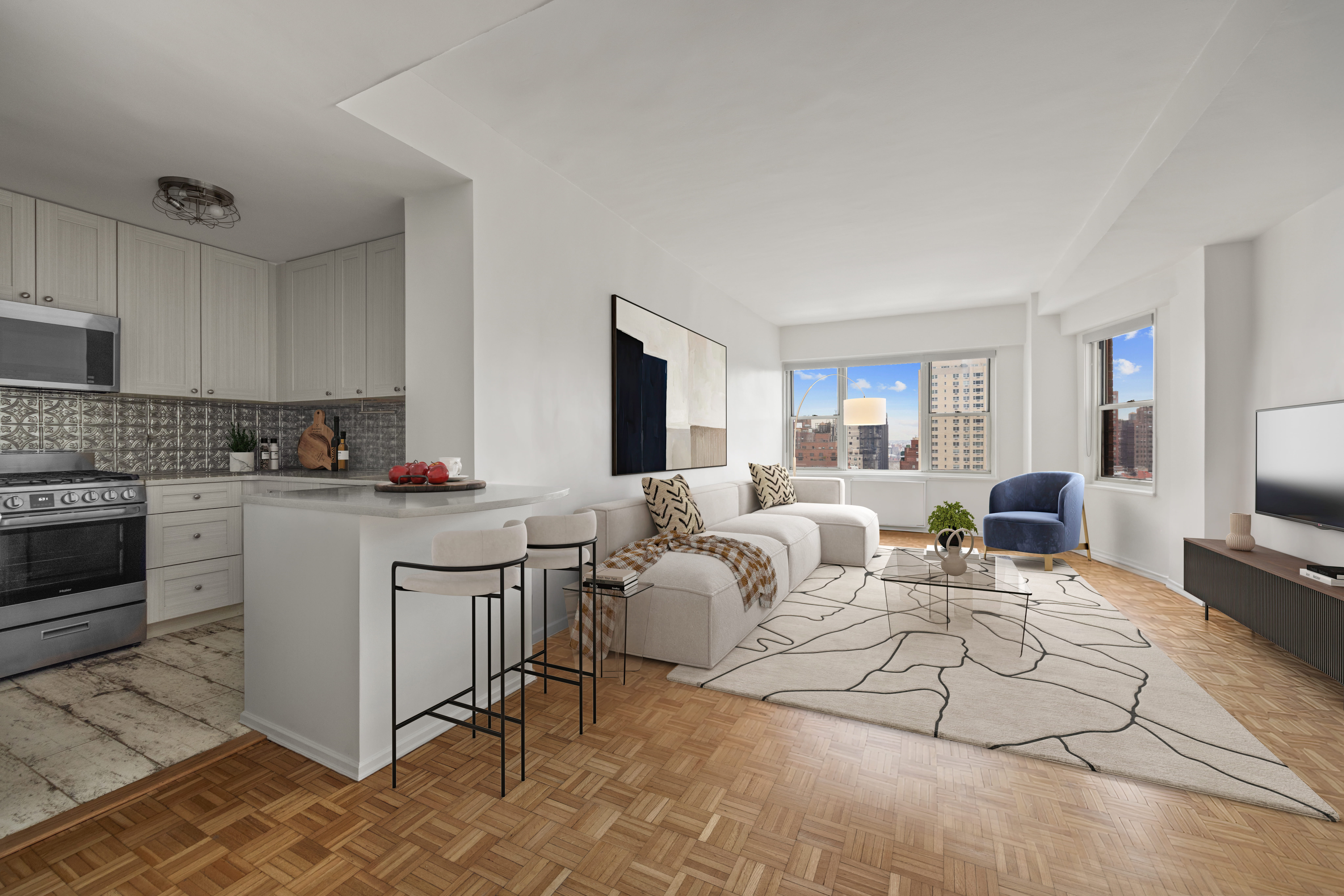 400 East 85th Street, Unit 14A Manhattan, NY 10028 - Photo 2 of 8 a living room with furniture white walls and kitchen view