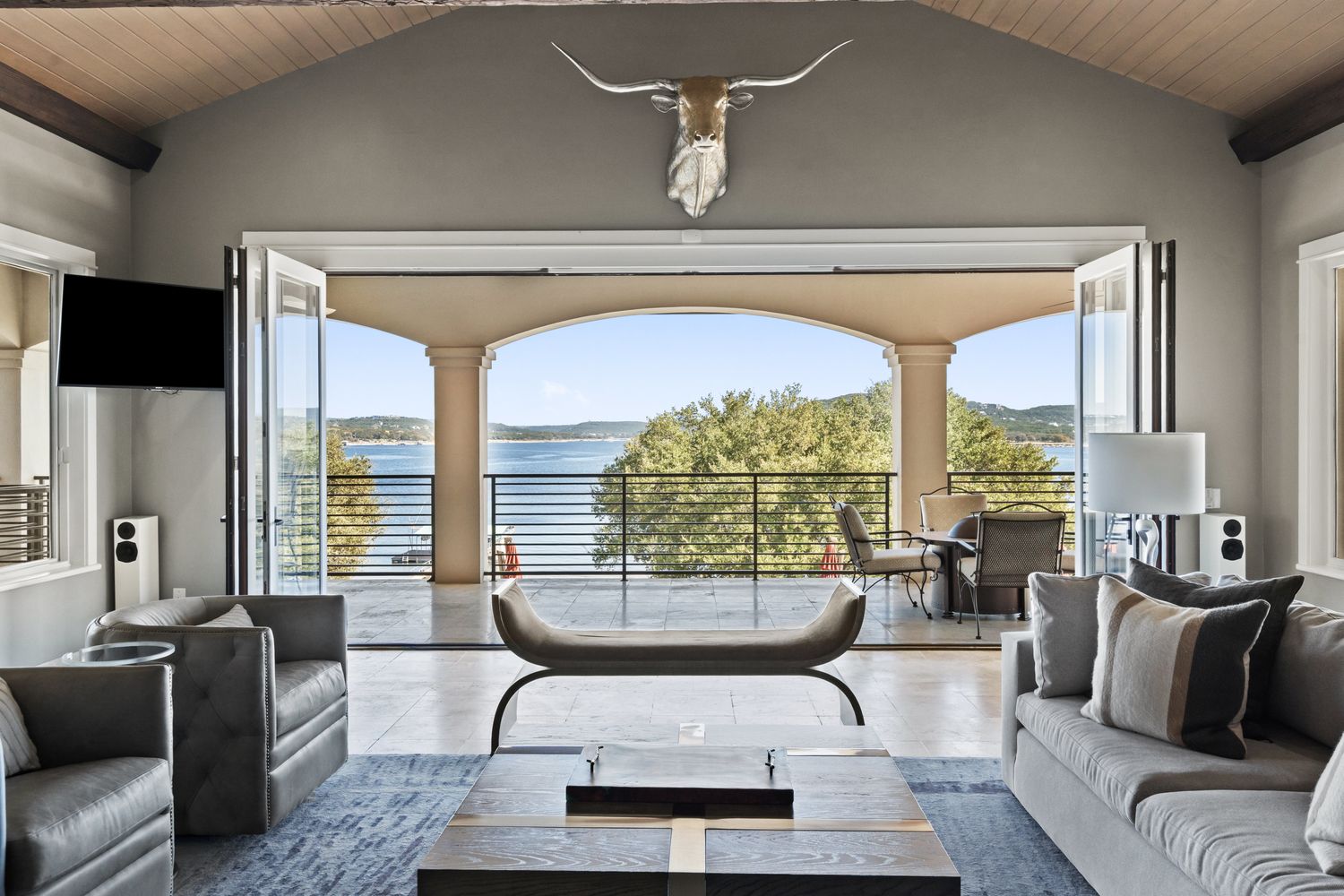 a view of wooden floor and lake view
