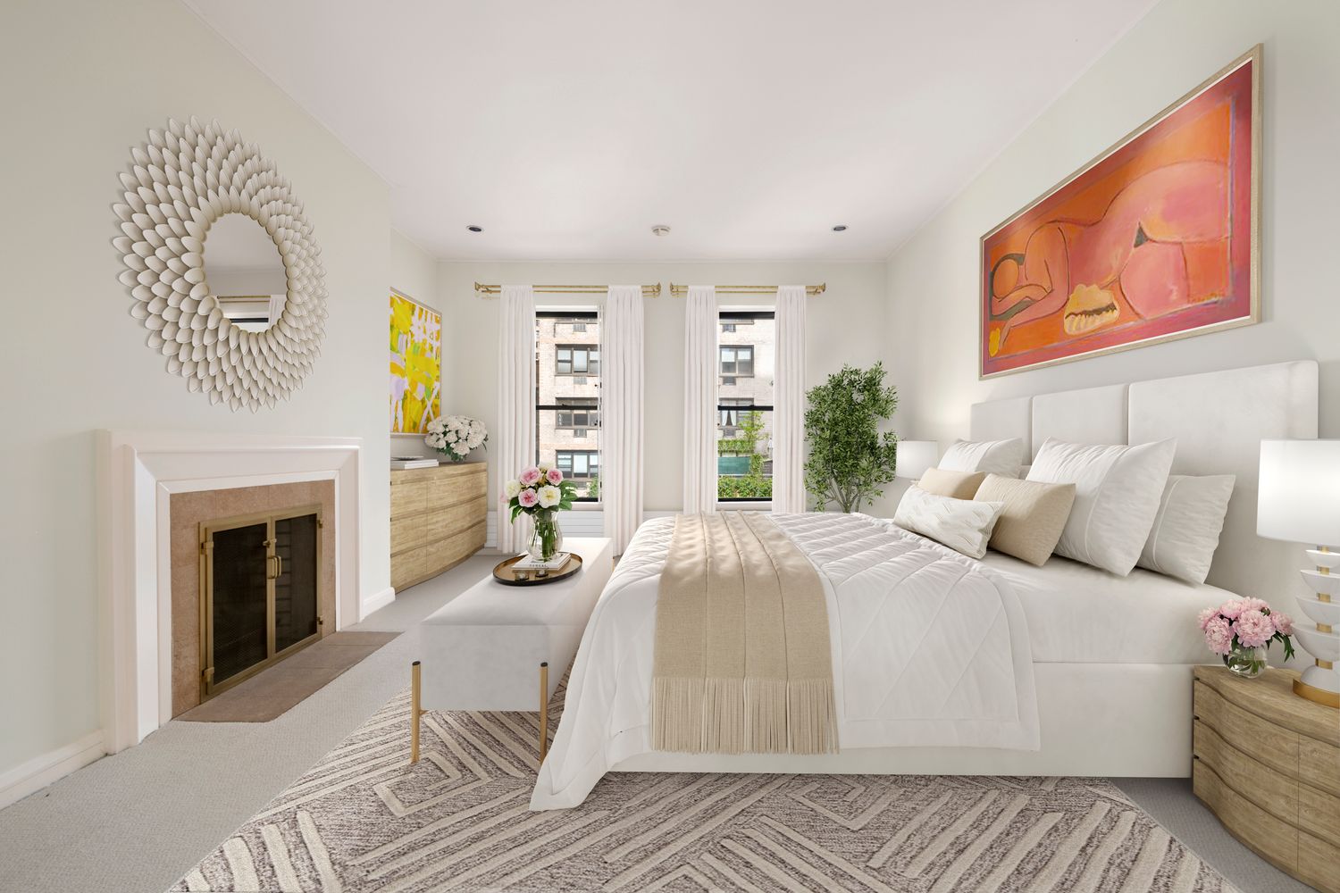 a bedroom with a bed and a fireplace