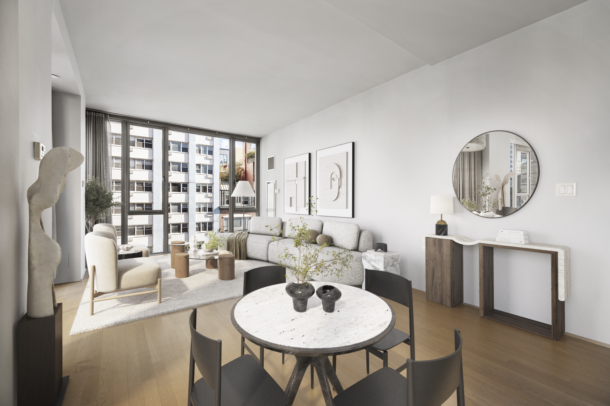 110 3rd Avenue, Unit 4C Manhattan, NY 10003 - Photo 3 of 17 a living room with furniture a table and a large window