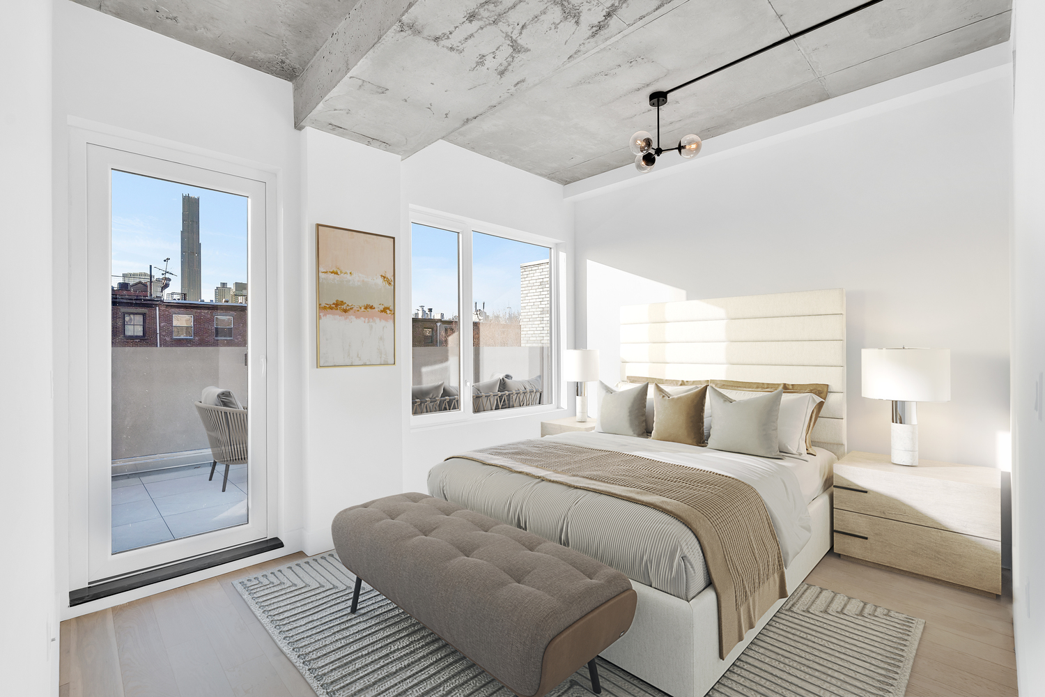 228 Vanderbilt Avenue, Unit 4A Brooklyn, NY 11205 - Photo 6 of 14 a bedroom with a large bed and a glass door shower