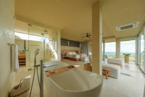 an aerial view of residential houses with outdoor space and trees