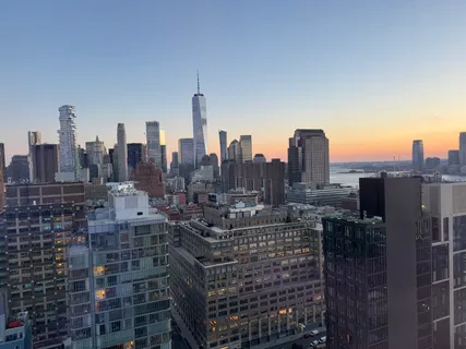 a city view with tall buildings