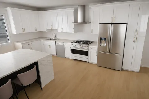 a kitchen with stainless steel appliances a refrigerator sink and stove