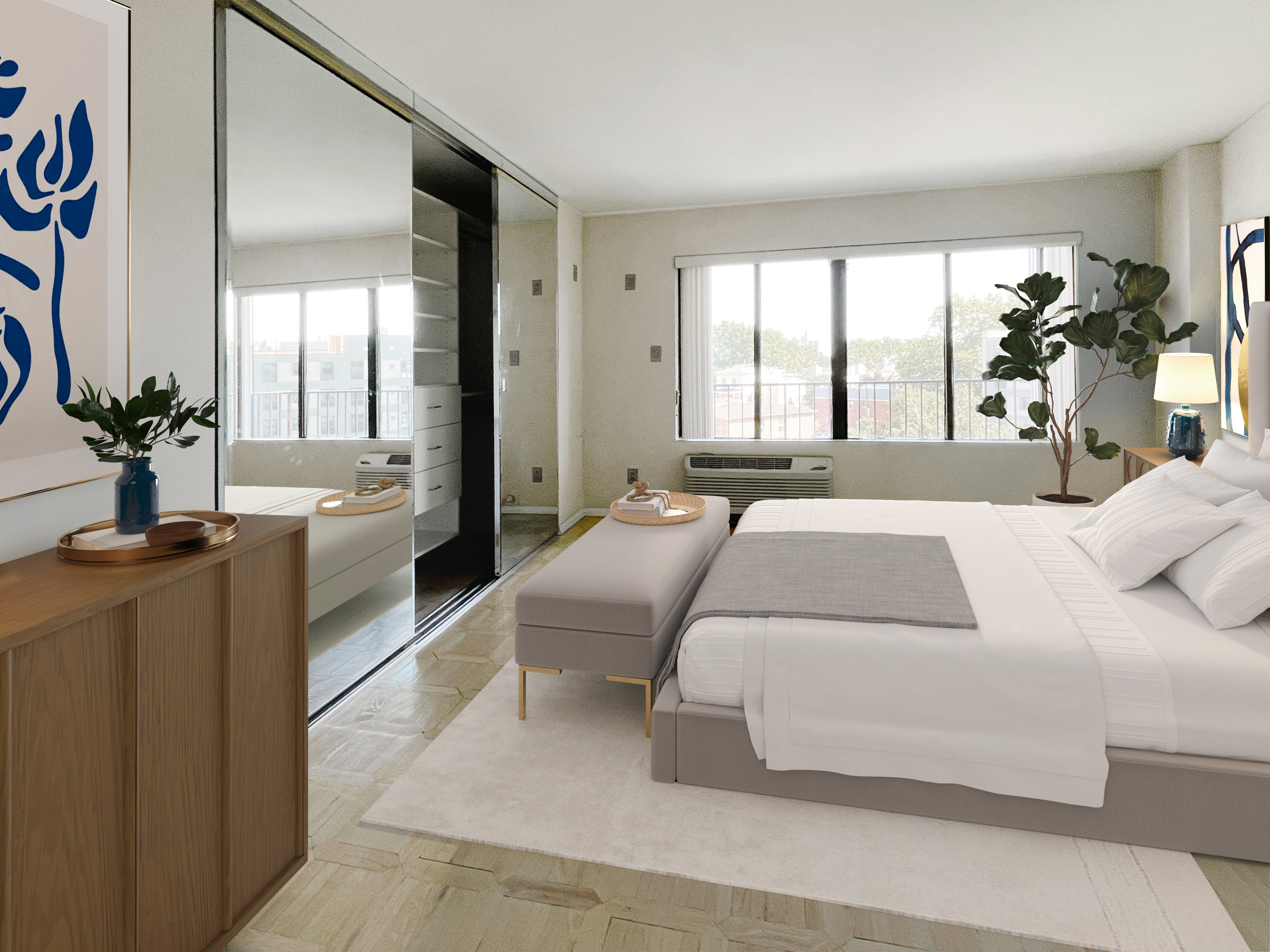 25-40 Shore Boulevard, Unit 6F Queens, NY 11102 - Photo 5 of 17 a bedroom with a large bed and a large window