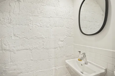 a bathroom with a sink a mirror and a shower