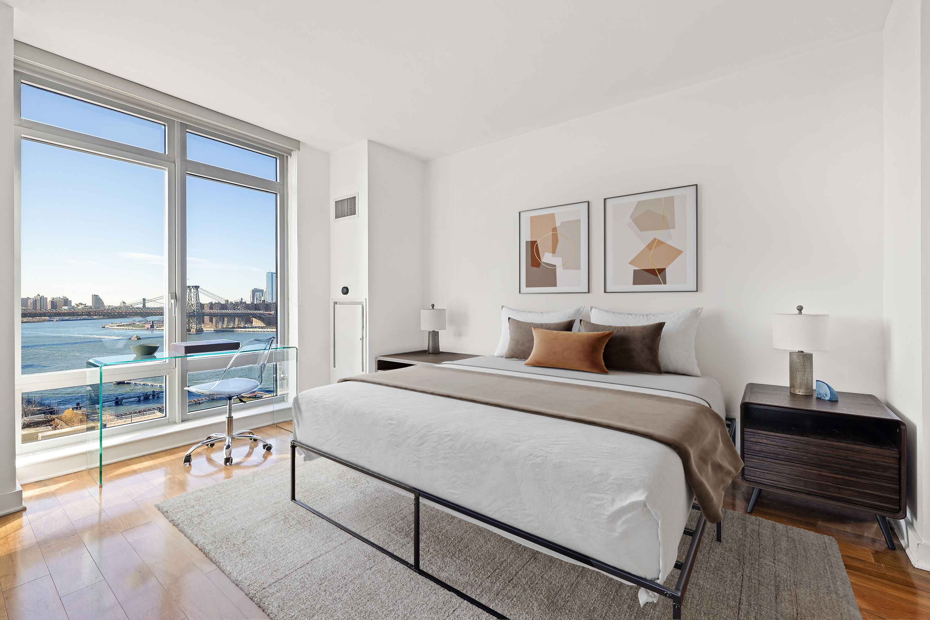 2 Northside Piers, Unit 20L Brooklyn, NY 11249 - Photo 5 of 16 a bedroom with a bed and a floor to ceiling window