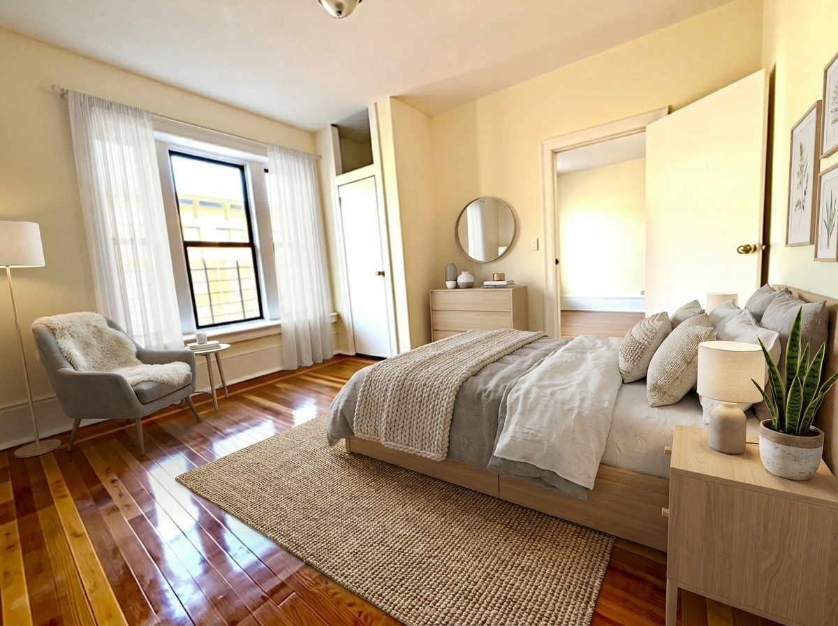 153 Vermilyea Avenue, Unit 4B Manhattan, NY 10034 - Photo 3 of 9 a bedroom with a bed and wooden floor