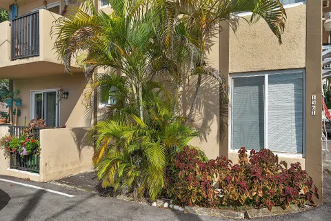 a view of a house with a tree and flower plants