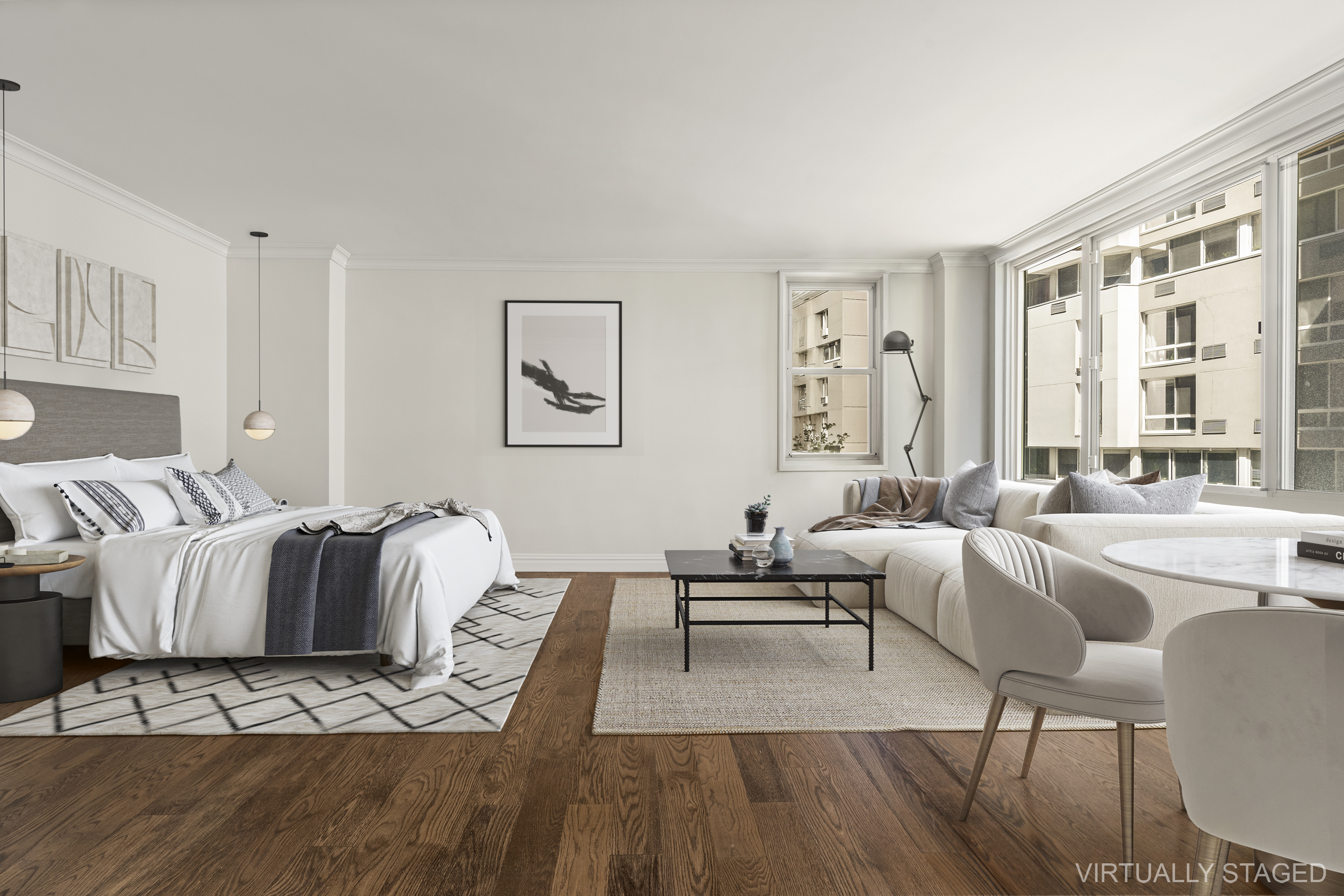 555 Main Street, Unit 411 Manhattan, NY 10044 - Photo 1 of 6 a living room with furniture and a large window