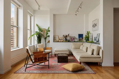 a living room with furniture and a potted plant