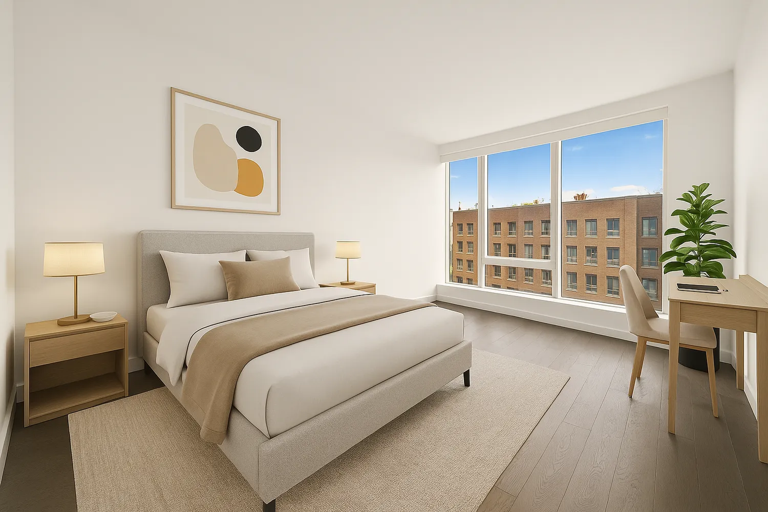 a spacious bedroom with a bed and a window