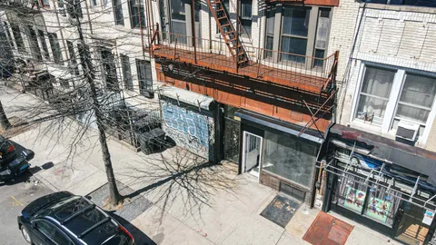 a view of a building with a door