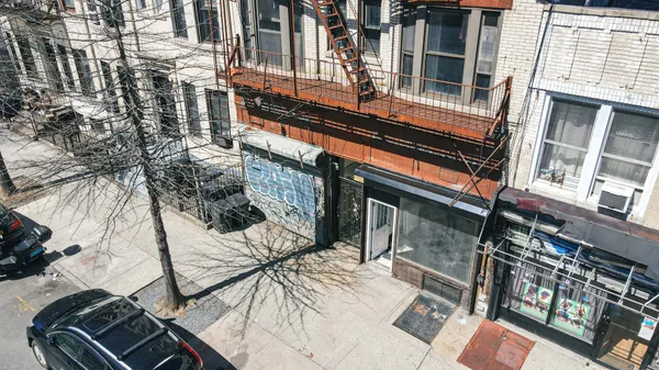 a view of a building with a door