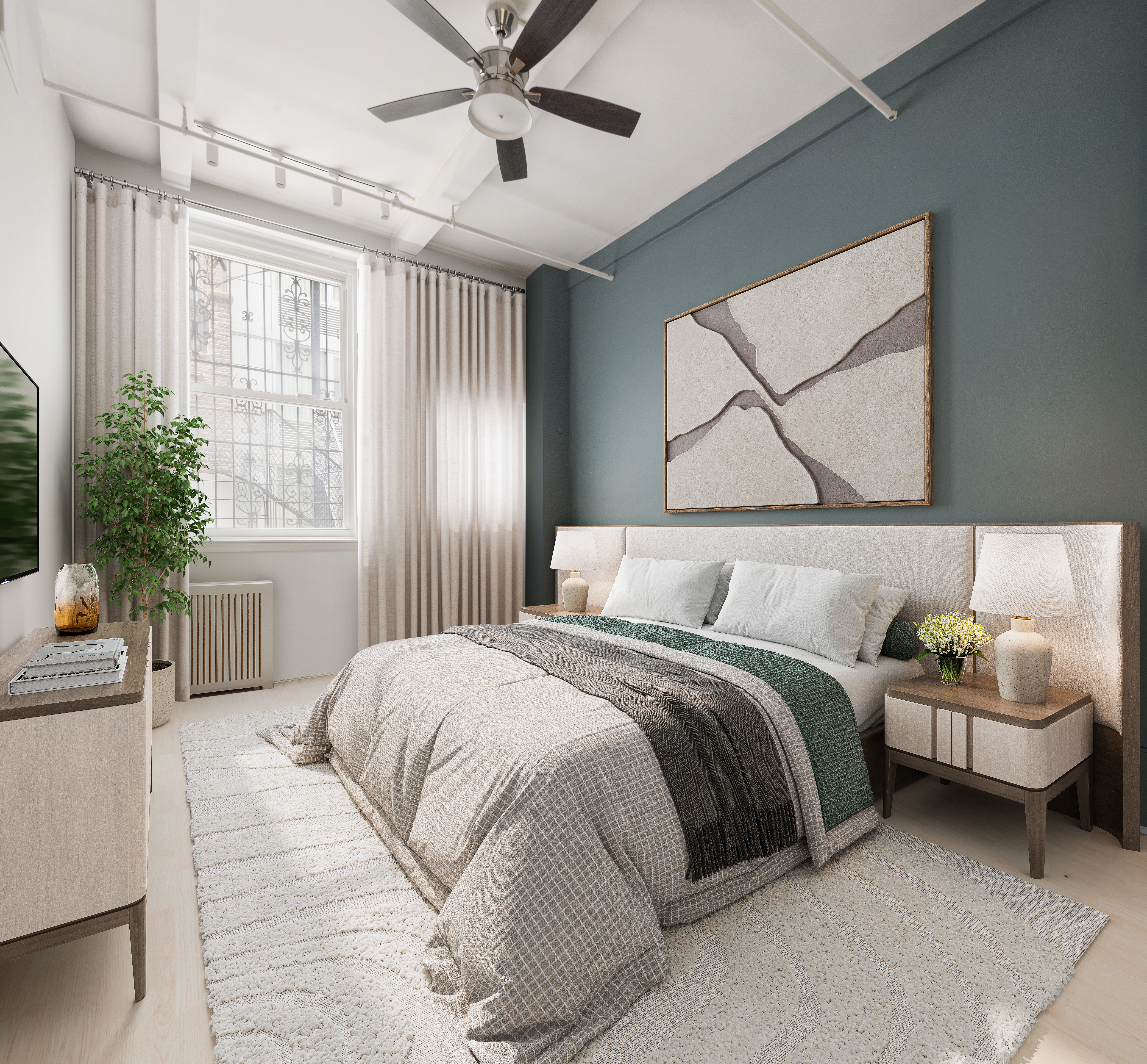 28 West 38th Street, Unit 6E Manhattan, NY 10018 - Photo 9 of 15 a bedroom with a bed and a chandelier