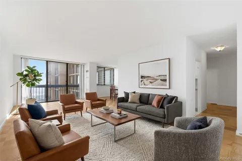 a living room with furniture and a potted plant