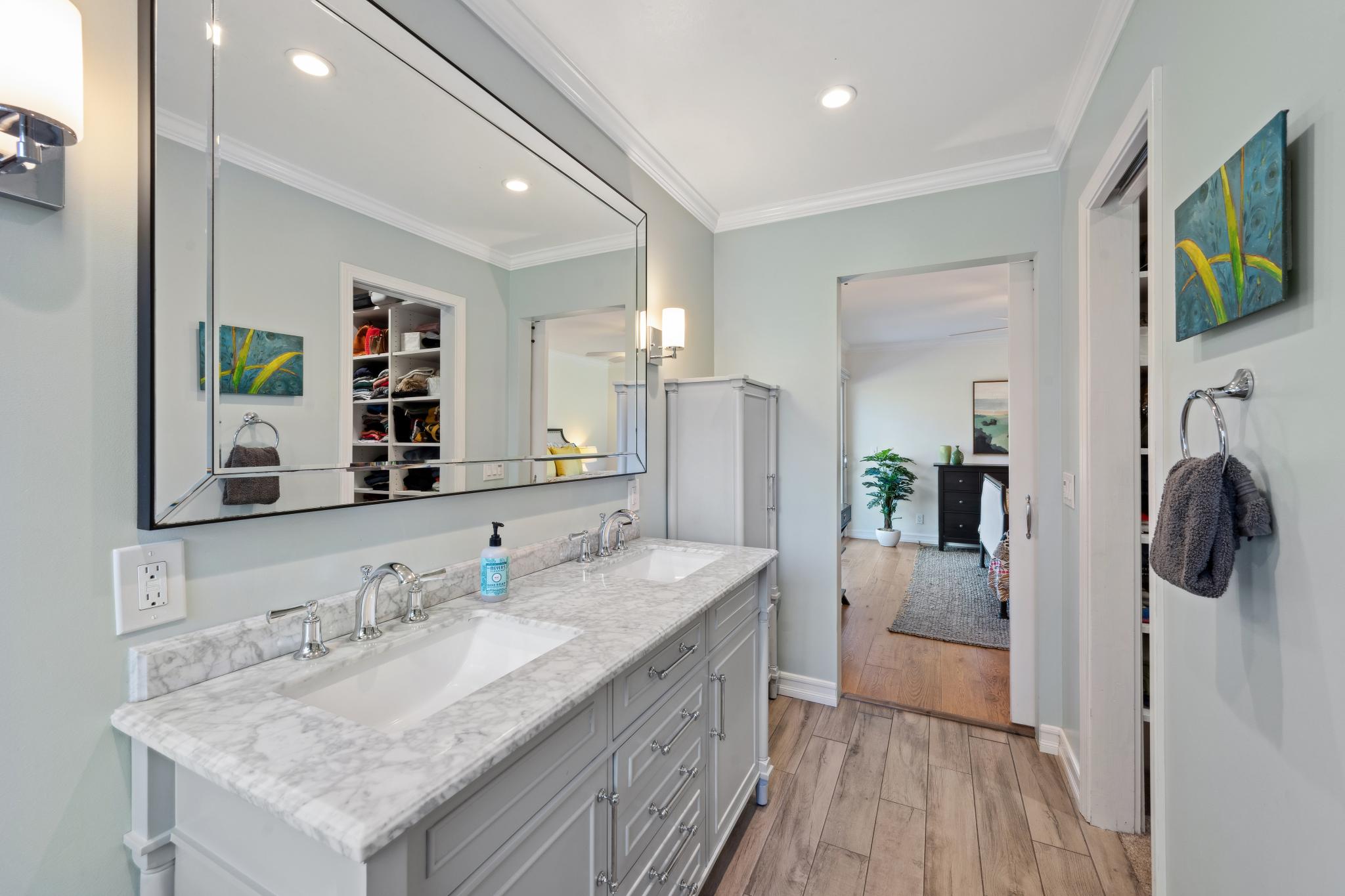 123 Frey Road Santa Rosa, CA 95409 - Photo 42 of 62 a bathroom with a granite countertop double vanity sink and a mirror