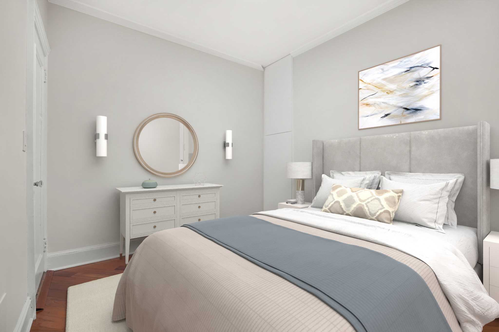 305 West 72nd Street, Unit 7D Manhattan, NY 10023 - Photo 3 of 12 a bedroom with a bed and a chandelier