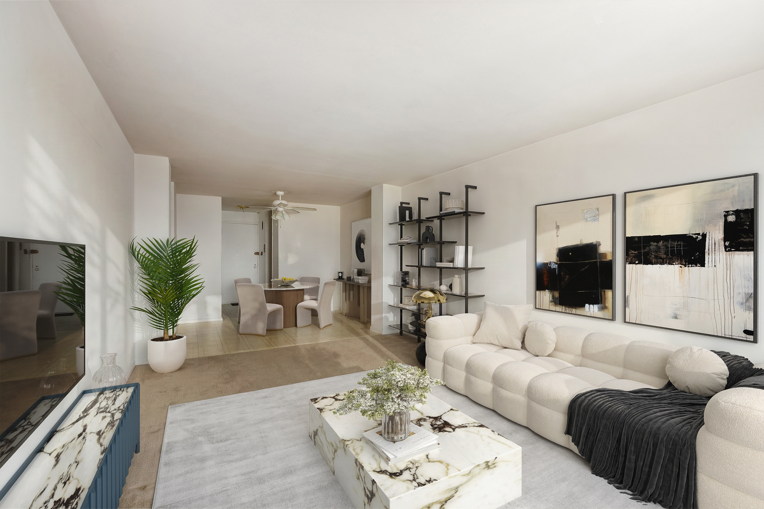 185 Hall Street, Unit 1514 Brooklyn, NY 11205 - Photo 2 of 13 a living room with furniture and a flat screen tv