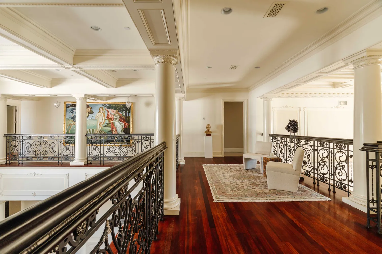 a view of a balcony dining table chairs and wooden floor