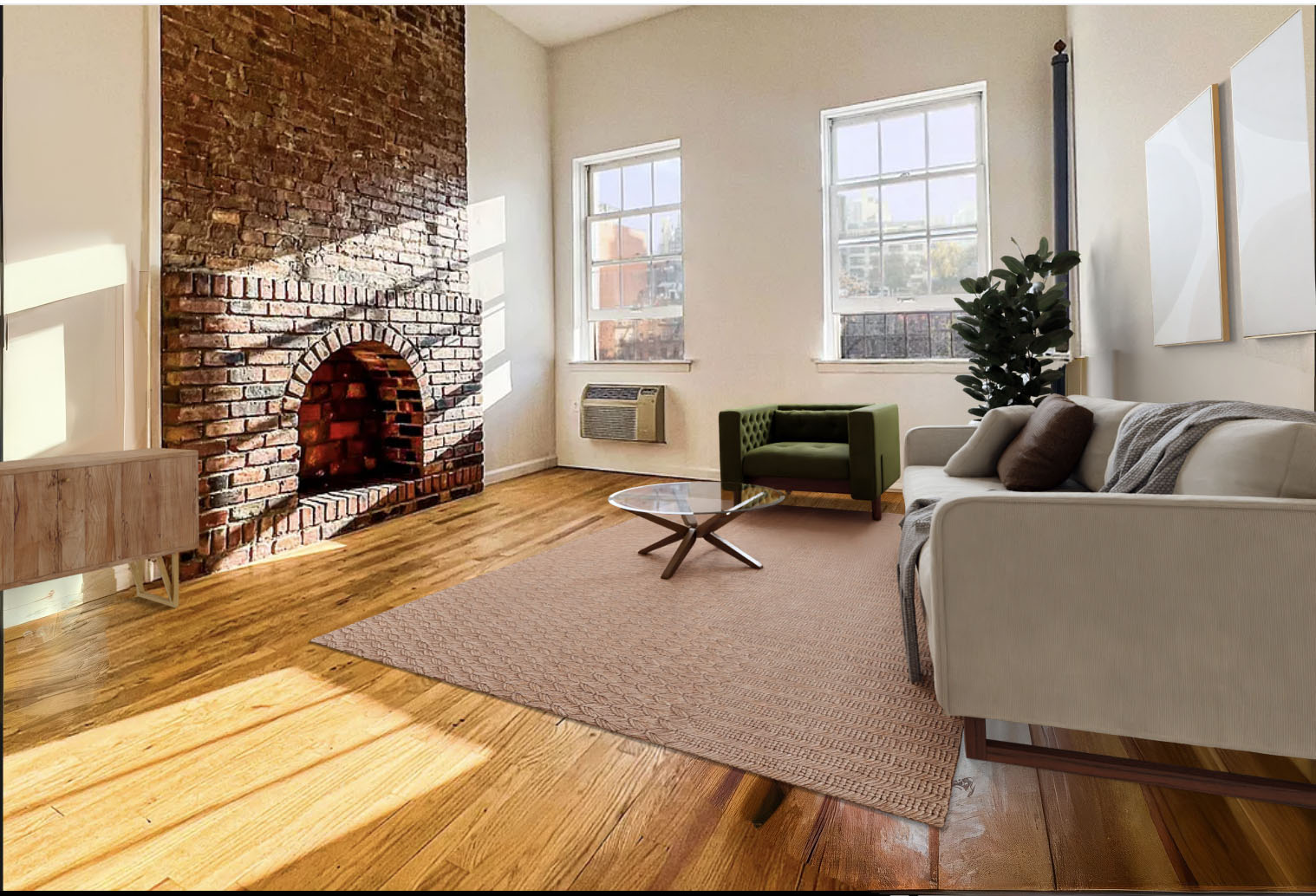 a living room with furniture a fireplace and a floor to ceiling window
