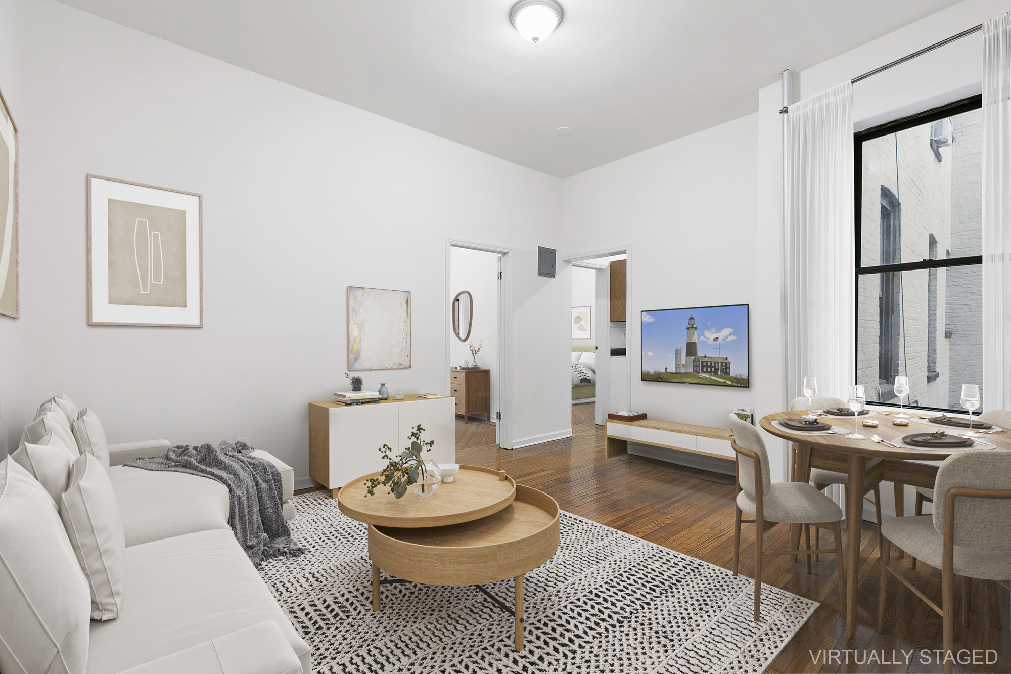 a living room with furniture and a table