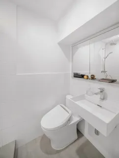 a white toilet sitting next to a bathroom sink