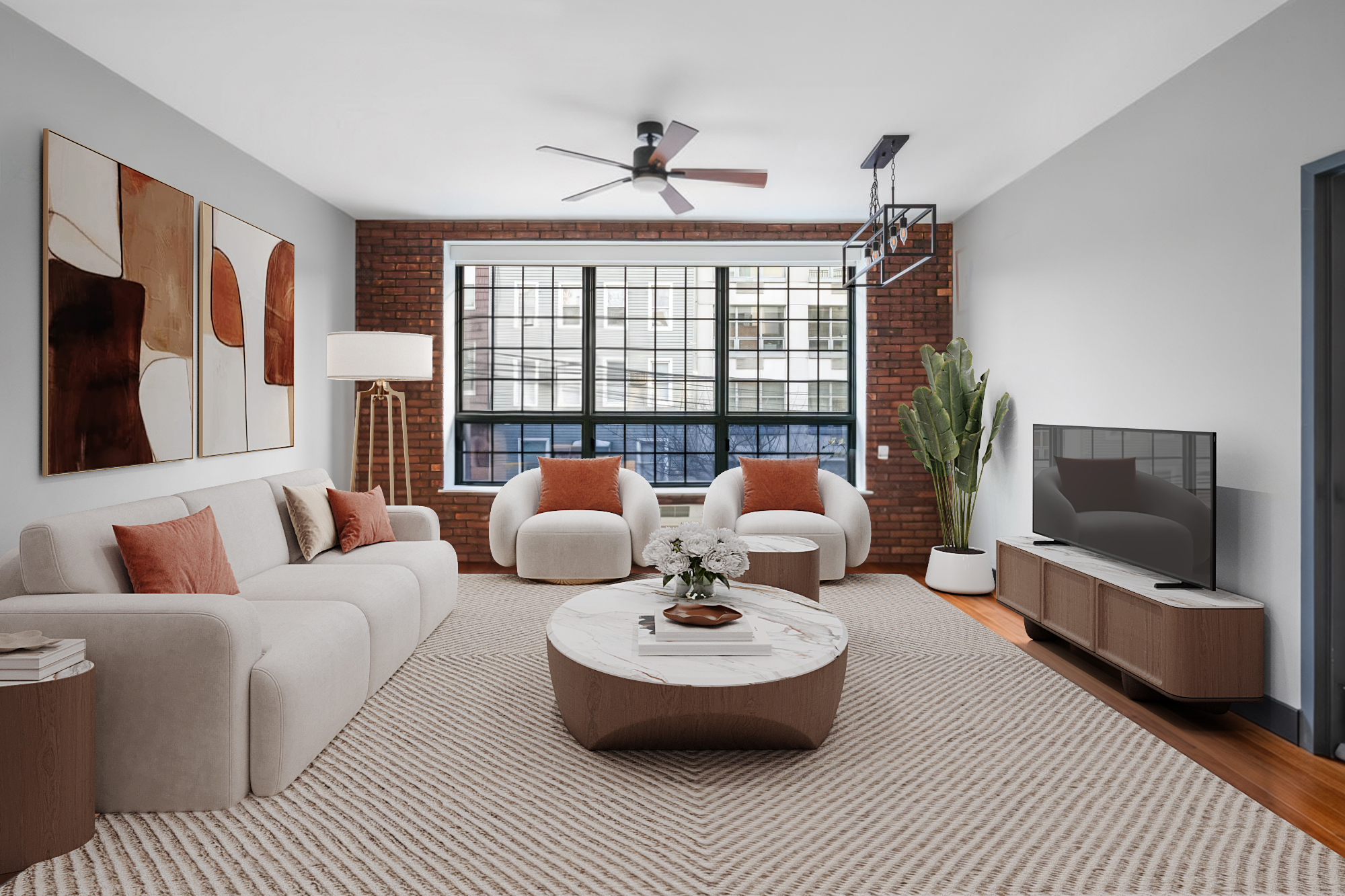 5-25 47th Road, Unit 2A Queens, NY 11101 - Photo 2 of 17 a living room with furniture and a flat screen tv