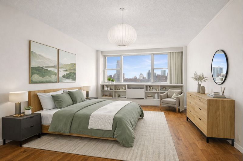 75 Henry Street, Unit 9G Brooklyn, NY 11201 - Photo 3 of 13 a bed room with a bed and a large window